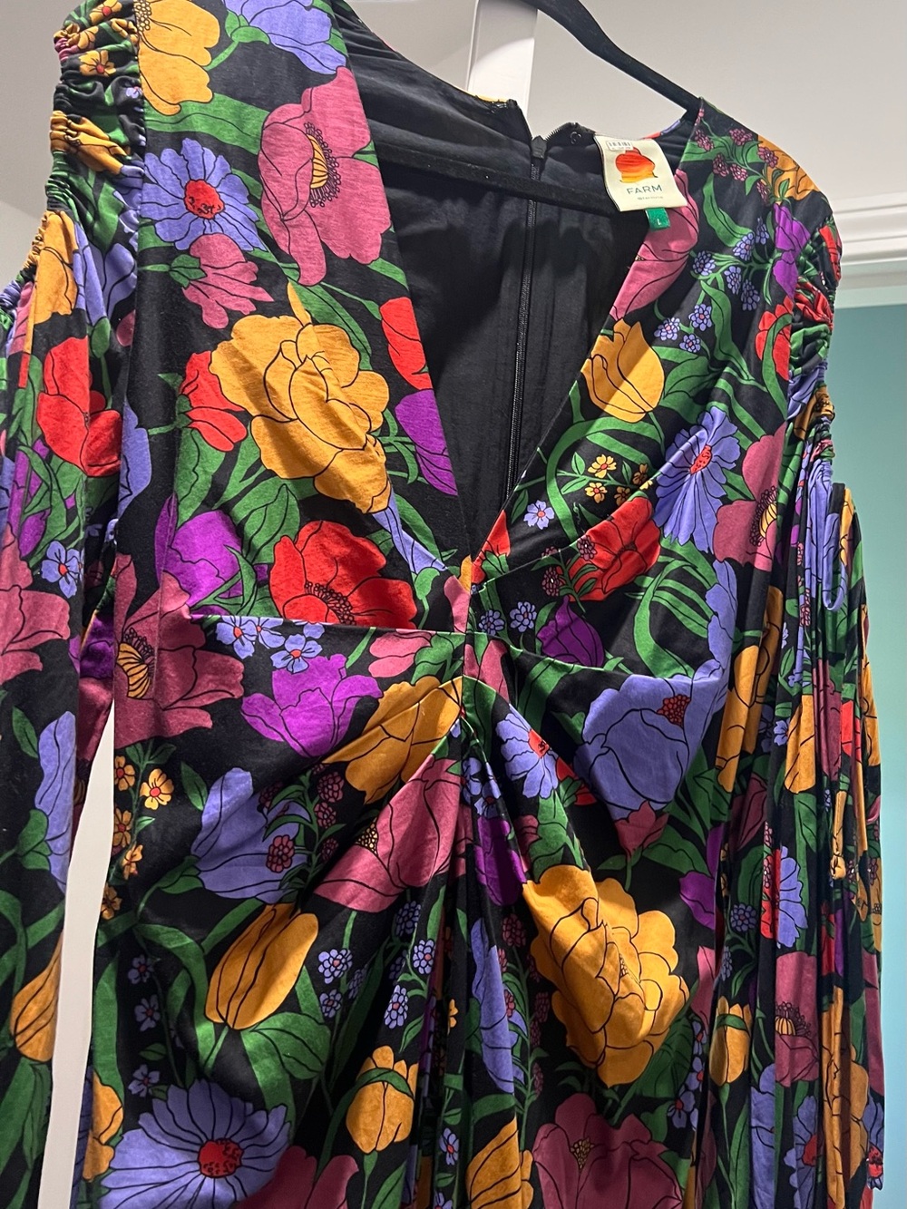 FARM Rio Black Floral Twist-Front Tunic with Yellow, Purple & Pink Blooms